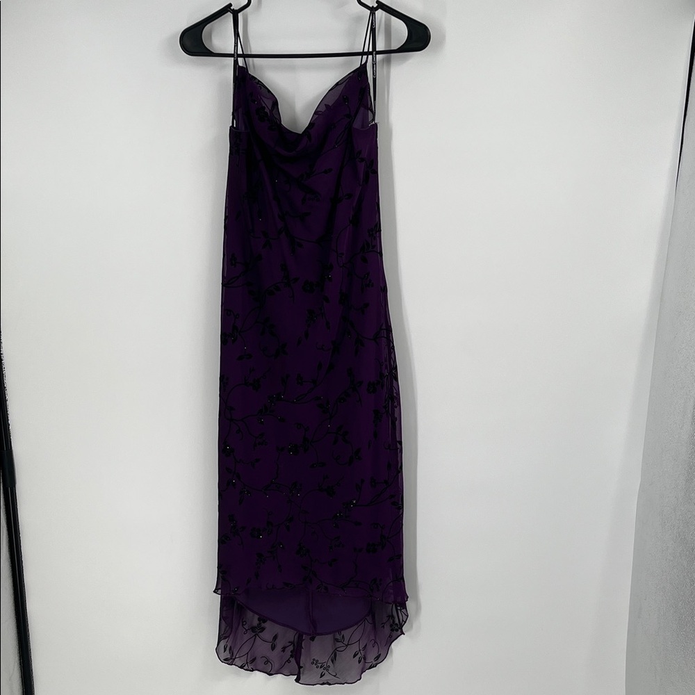 Vintage California Concepts Purple and Black Floral Drape Midi Dress Size 6